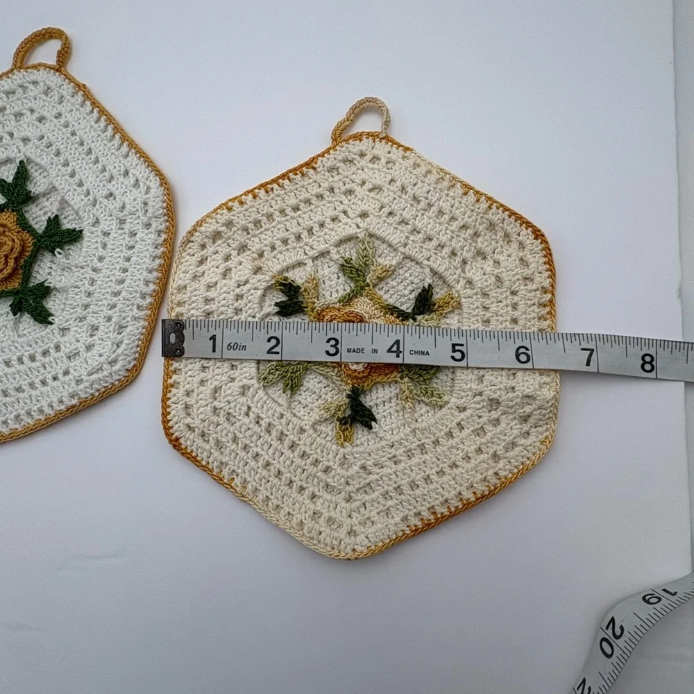 Theee Vintage Handmade Crochet Floral Pot Holders